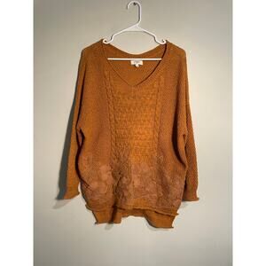 Umgee Orange Cable Knit Floral Appliqué Sweater Size Small‎